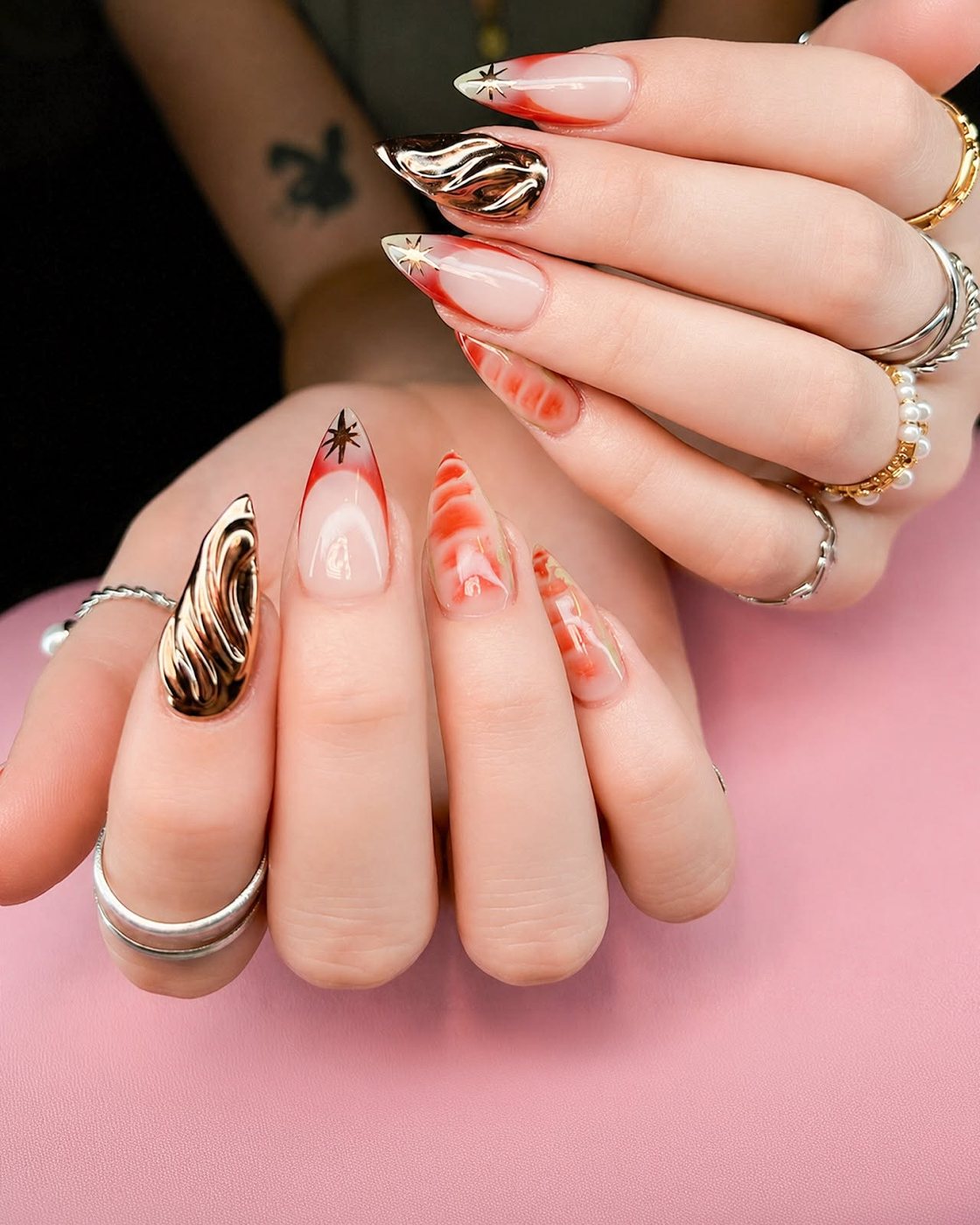 Orange swirl French manicure by My Royal Nails & Spa in Humble, TX