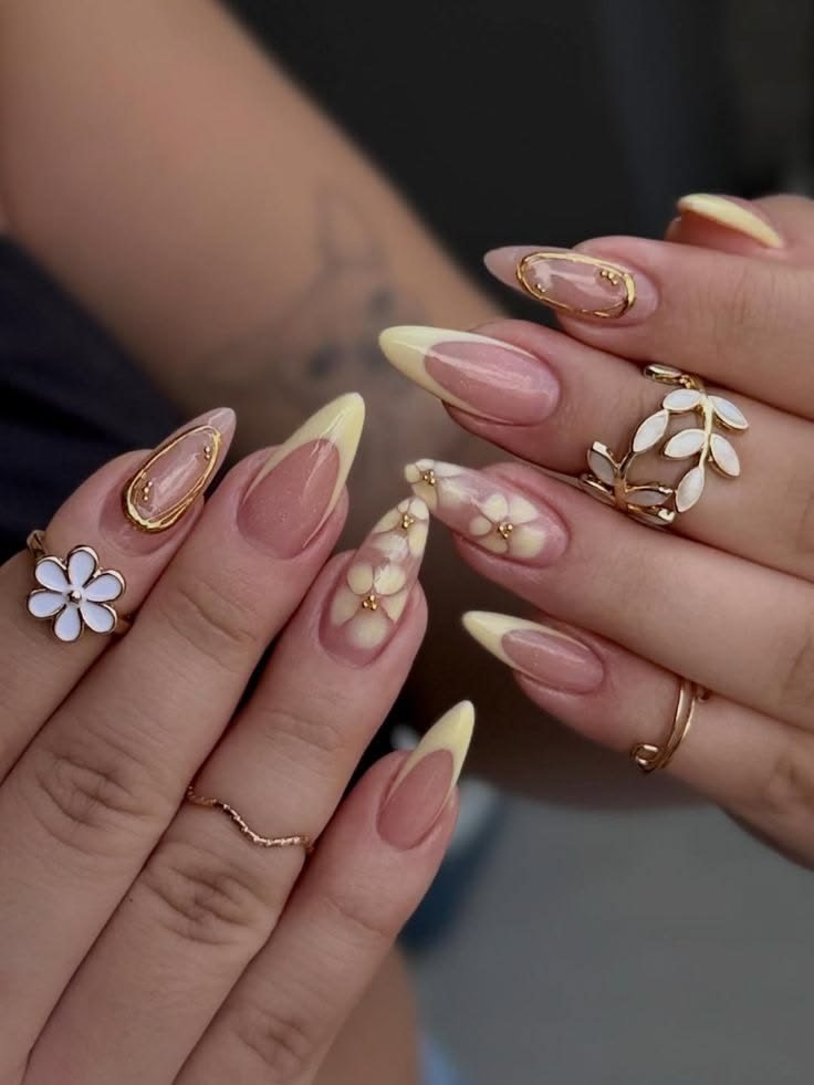 Nude nails with delicate white daisy art by My Royal Nails & Spa in Humble, TX